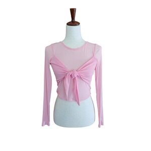 Material Girl Y2K Style Pink Mesh Tie Front Crop Top Sheer Stretchy Medium